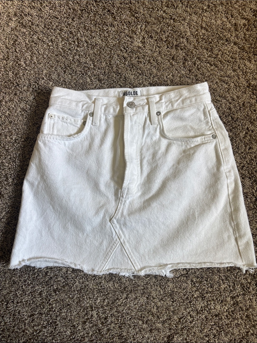 Agolde White Denim Raw-Hem Mini Skirt